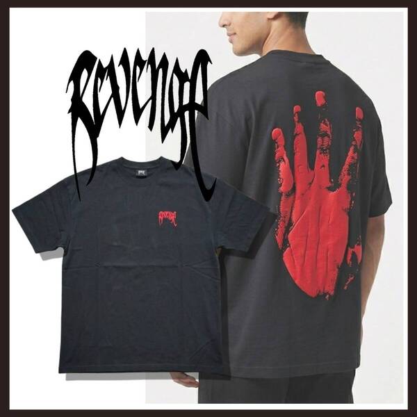 【新品/海外限定モデル】 リベンジ X キル アウトラインTシャツ 半袖 ハンズロゴ バックロゴ プリント カットソー ブラック レッド Revenge [サイズXXL] ストリート カジュアル デイリー 人気 定番 洗練 存在感 個性的 トレンド 快適 汎用性