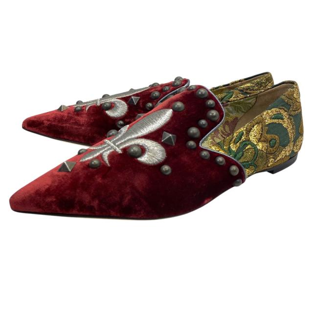 未使用 ドルチェ&ガッバーナ ベルベッド ローファー パンプス スタッズ 刺繍 レザー レッド DOLCE＆GABBANA[サイズ35 1/2 約22.5cm] 華やか エレガント 高級感 洗練 上品