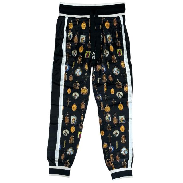 未使用 ドルチェ&amp;ガッバーナ ジョガーパンツ トラックパンツ ズボン 総柄 シルク ブラック GYPDDT G7RXY D&amp;G DOLCE&amp;GABBANA[サイズ44] 洗練 高級感 モード ラグジュアリー スタイリッシュ 都会的 快適 人気 上品