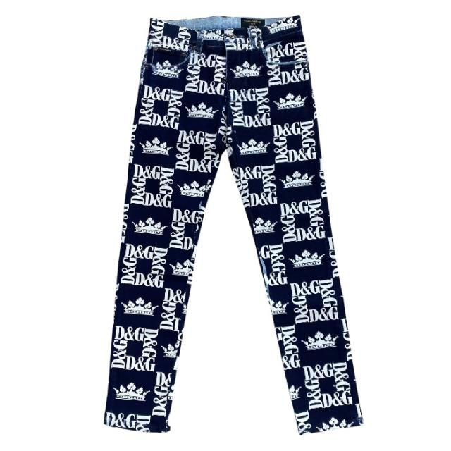 未使用 DOLCE＆GABBANA ドルチェ&amp;ガッバーナ プリント スキニー ジーンズ DG クラウン パンツ GYC4LD コットン ネイビー (サイズ46) 洗練 上品 高級感 スマート カジュアル 人気 定番 快適 スタイリッシュ