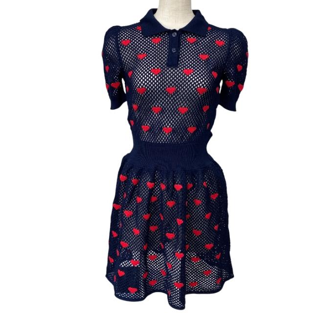 未使用 Christian Dior ディオール ニットワンピース メッシュ素材 半袖 ハート ビー刺繍 144R14BM724 コットン ネイビー サイズI40(M相当) 上質 高級 洗練 人気