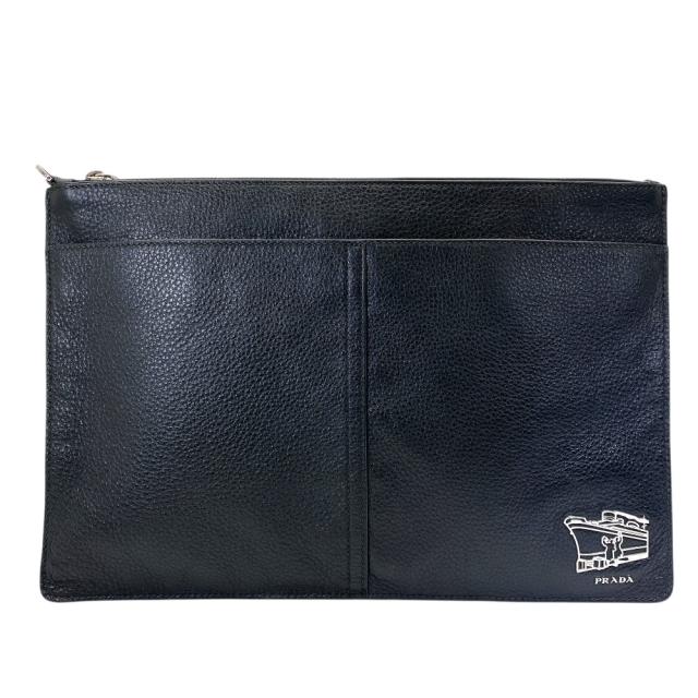 美品 PRADA プラダ クラッチバッグ ドキュメントケース ロゴ 船 2VN013 2A6P F0002 レザー ブラック メンズ ビジネス 書類収納 高級感 スタイリッシュ