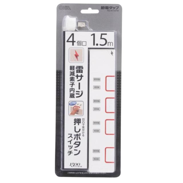 オーム電機 4口 1.5m タップ 雷 PUSHSW