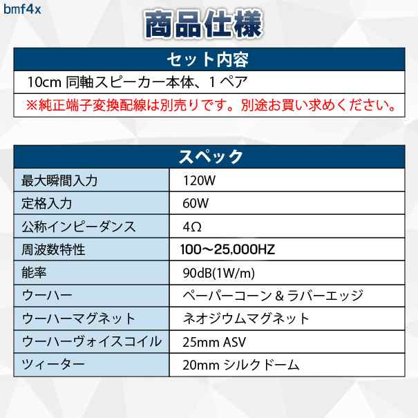 (スピーカー祭)　fd-bmf4x-20 3シリーズ G20 G21(フロント&リア) 4inch 10cm 2WAY BMW コアキシャル スピーカー(カスタム パーツ 車 オーディオ カースピーカー 車載スピーカー ステレオスピーカー オーディオスピーカー カーオーディオ)の通販は