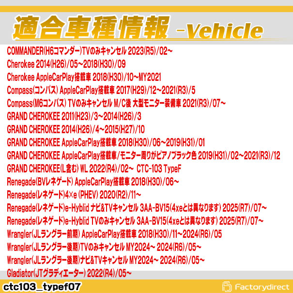 CTC-103 TypeF07 TVキャンセラー Jeep コマンダー チェロキー コンパス レネゲード ラングラー TVフリー TVジャンパー ( キャンセラー テレビ テレビキャンセラー ナビ )_1
