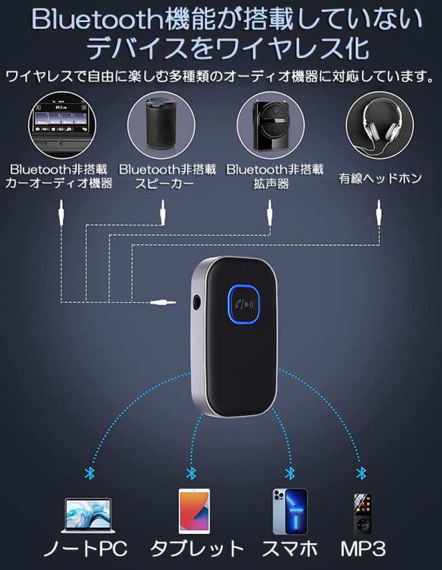 Bluetooth レシーバー 車 AUX 受信機 ブルートゥース レシーバー Bluetooth受信機 車載 3.5mm 16時間再生 2台同時接続  自動車 ホームステレオ ヘッドフォン スピーカー マイク内蔵 ハンズフリー通話対応｜au PAY マーケット