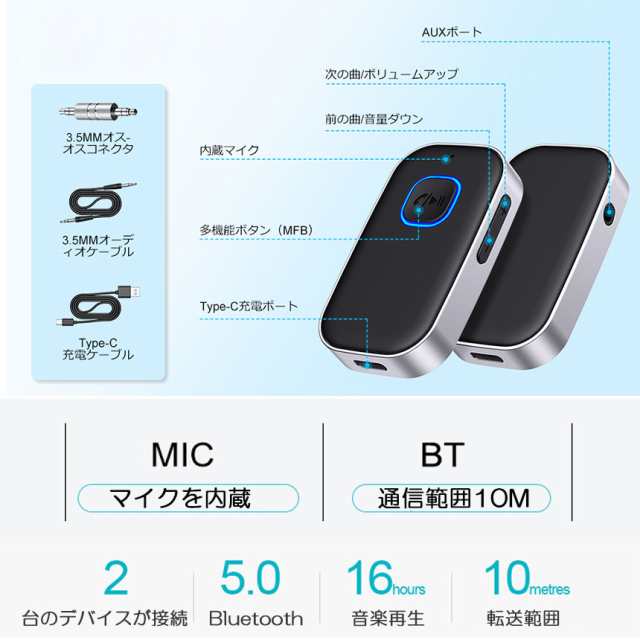 Bluetooth レシーバー 車 AUX 受信機 ブルートゥース レシーバー