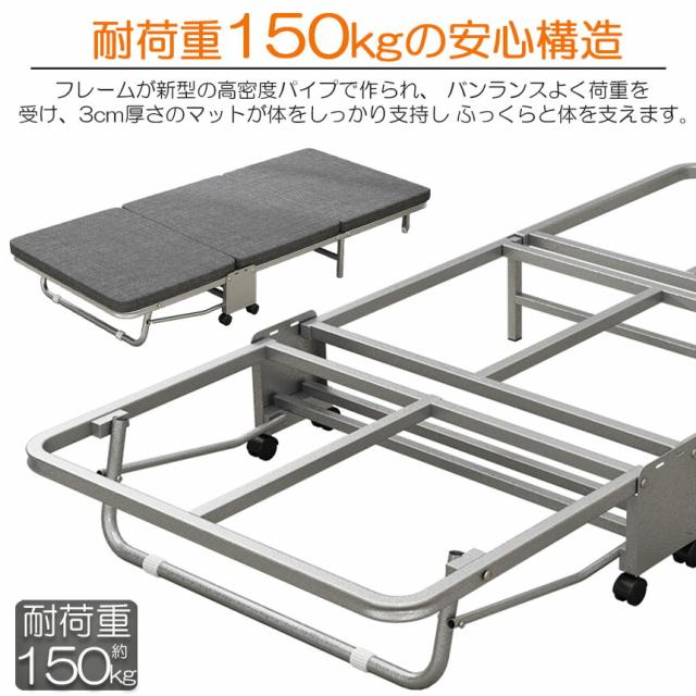 おりたたみベッド シングル コンパクト S 軽量 三折り 簡易ベッド 室内 折り畳み ベッド 組立簡単 キャスター 介護ベッド プレゼント 小型 持ち運び便利 収納 簡易 ワンルーム 80x180x22cm_4