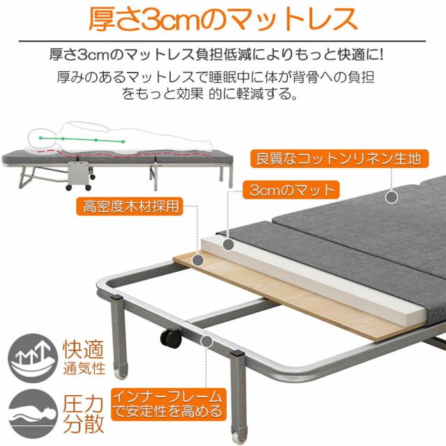 おりたたみベッド シングル コンパクト S 軽量 三折り 簡易ベッド 室内 折り畳み ベッド 組立簡単 キャスター 介護ベッド プレゼント 小型 持ち運び便利 収納 簡易 ワンルーム 80x180x22cm_5