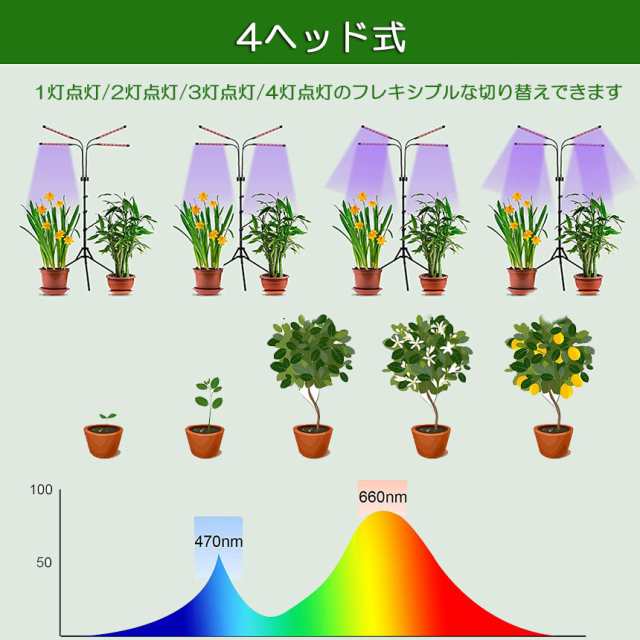 植物育成ライト LED 植物ライト 4灯式 室内栽培ランプ 5段階調光 調節可能 観賞用 多肉植物育成 家庭菜園 室内園芸 (管理S) 送料無料