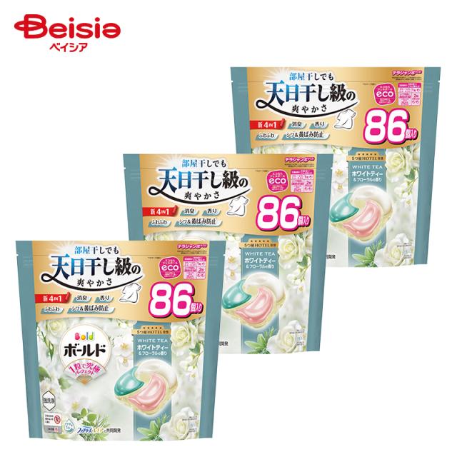 【ポイント10倍！5/18 16:00-6/28】P&amp;G ボールドジェルボール4D ホワイトティー＆フローラルの香り つめかえテラジャンボサイズ 86個×3個