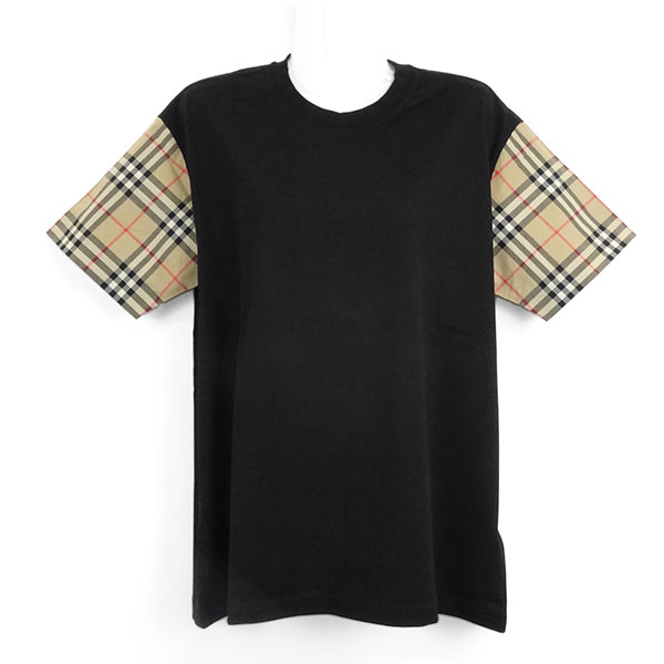 バーバリー Tシャツ レディース BURBERRY チェックスリーブ コットンTシャツ ブラック 8043057 A1189 M