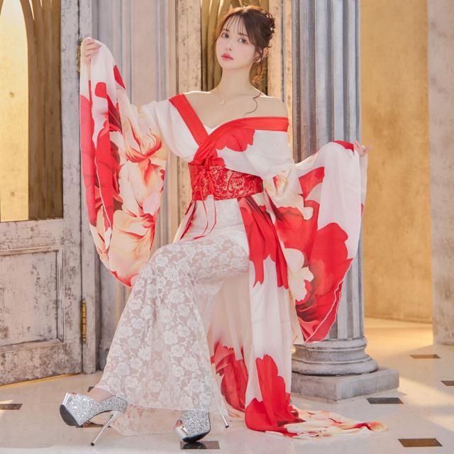 花魁 コスプレ ロング 仮装 コスプレ 和服 着物 花魁 ドレス 着物 コスプレ シフォン×インナー花柄レース ワンピースタイプ コルセット風 花魁着物ロングドレスの通販は