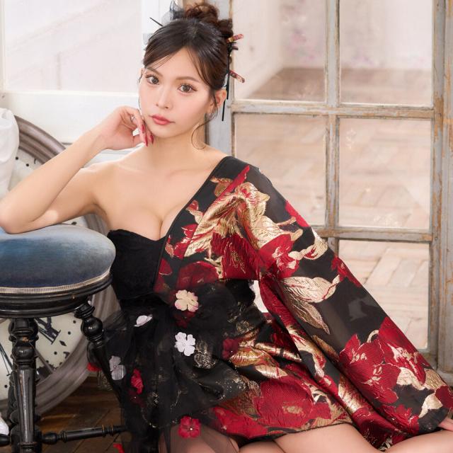 花魁コスプレ 着物ドレス 和柄 花柄 ワンショルダー 着物ミニドレス セクシー 衣装 ダンス ステージ 撮影 イベント コスチューム 和風 キャバドレス風 浴衣風 花魁衣装