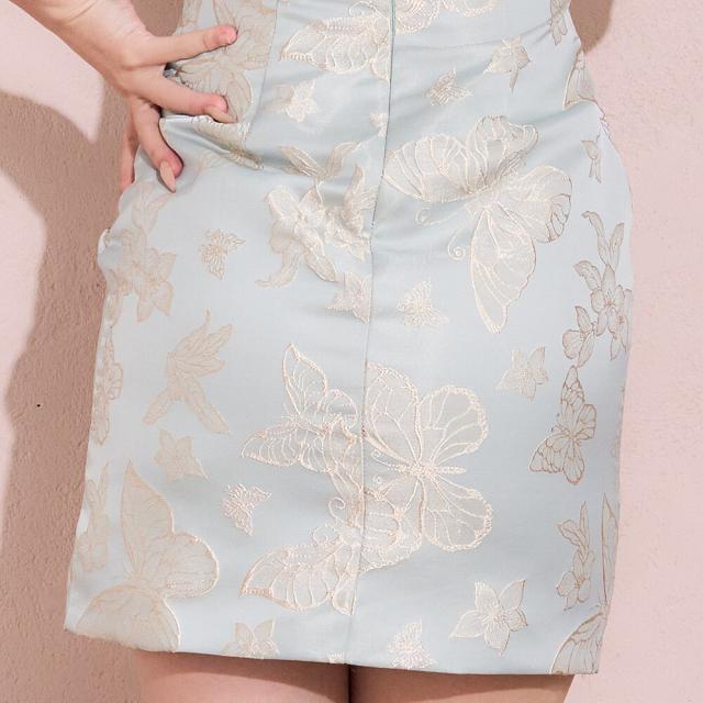 チャイナドレス ミニドレス バタフライ刺繍 谷間魅せ リボン付き