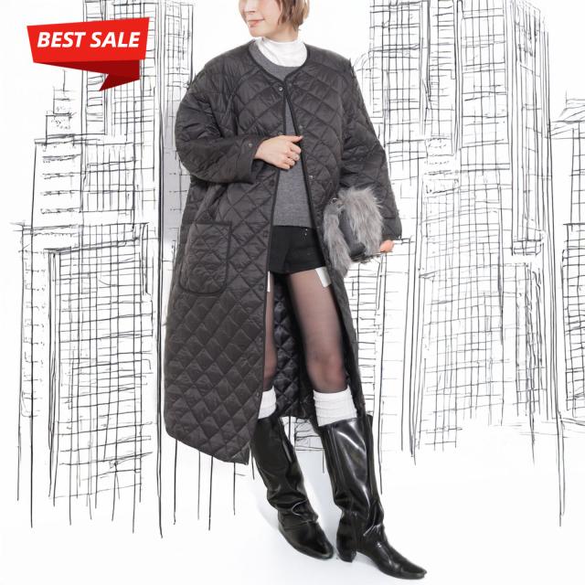 キルティング ロングコート レディース ノーカラー 中綿入り 裏地あり 体型カバー あったか 防寒 オーバーサイズ アウター 秋冬 パイピングデザイン