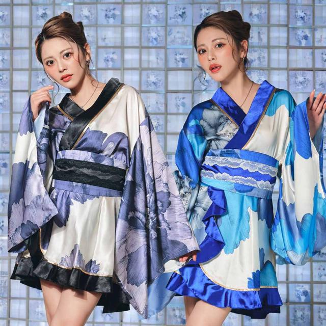 花魁着物ドレス 花魁コスプレ キャバドレス コスプレ衣装 和柄 帯付き 全3色 フリーサイズ 羽織って帯を巻くだけ 本格花魁コスプレが誰でも完成