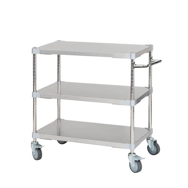 ステンレスシェルフワゴン46×76cm 3段キャスター700 取っ手付きSV シルバー 組立式 エントリーでP5倍◇ステンレスシェルフワゴン 幅60 46