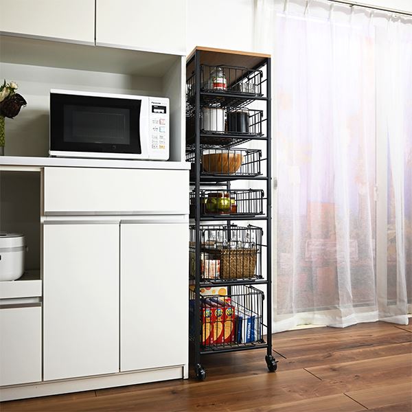 大容量 収納ラック 〔 バスケット ６段 〕 キャスター付き スリム キッチン収納 収納ワゴン 組立式の通販は 11,522円
