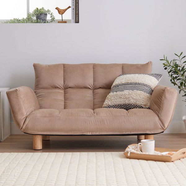 ふかふか カウチソファ コーデュロイモカ 肘付 コンパクト 脚付