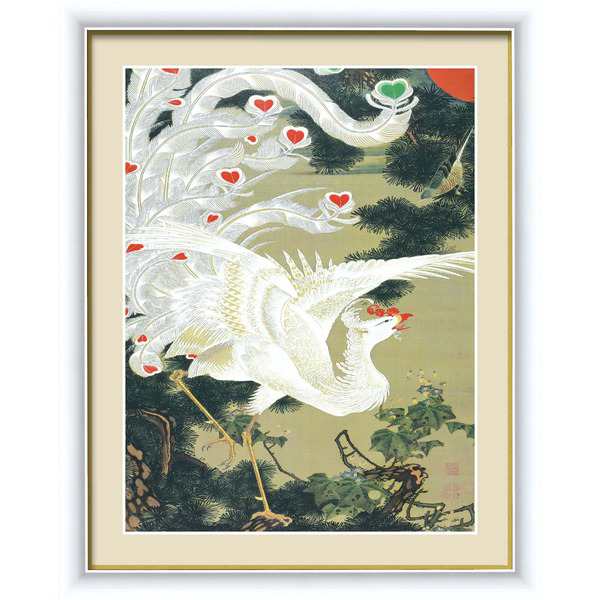 若冲 鳳凰 旭日】【動植綵絵額】群鶏・白鳳・鶏□伊藤若冲 額装品（白