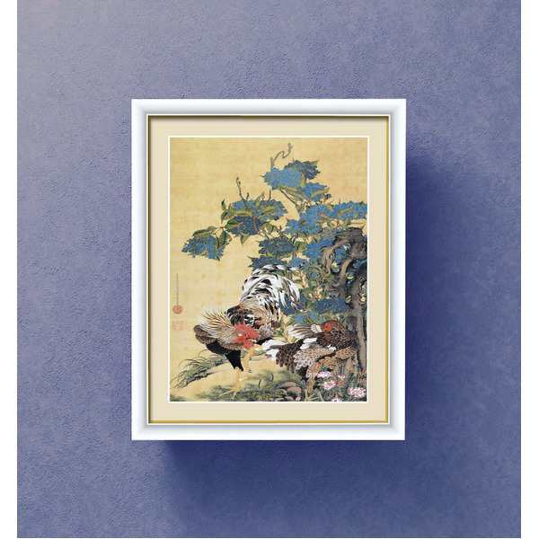 若冲 鳳凰 旭日】【動植綵絵額】群鶏・白鳳・鶏□伊藤若冲 額装品（白