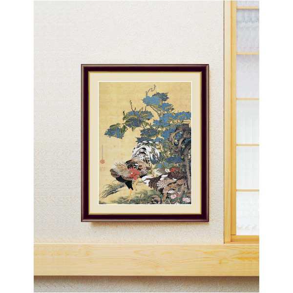 若冲 鳳凰 旭日】【動植綵絵額】群鶏・白鳳・鶏□伊藤若冲 額装品（茶