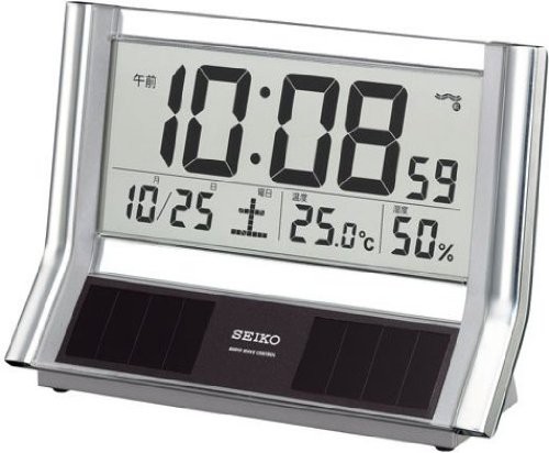 SEIKO CLOCK (セイコークロック) 置き時計 ハイブリッドソーラー 電波 デジタル カレンダー・温度・湿度表示 銀色メタリック SQ690S（沖