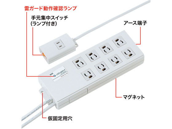 サンワサプライ ノイズフィルタ タップ TAP-3804NFN 電源タップ 3P 8口 2m アース付 雷ガード付 一括スイッチ付 省エネタップ 節電タップ