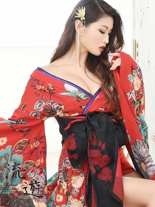 花魁 コスプレ 衣装 和柄ドレス コンパニオン 衣装 着物 ドレス 流遊 花魁 着物ドレス 赤 コスプレ