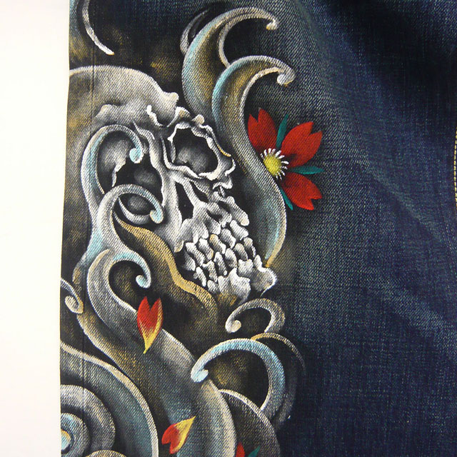 備中倉敷工房倉 京友禅手書デニムパンツ[スカル柄]/和柄ジーンズ/