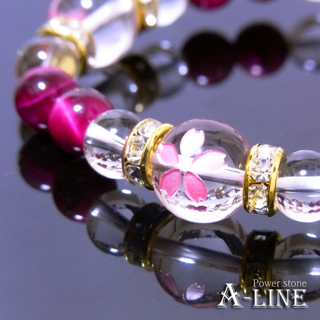 春限定 パワーストーン ブレスレット 桜彫り水晶12mm＆ピンクタイガー 