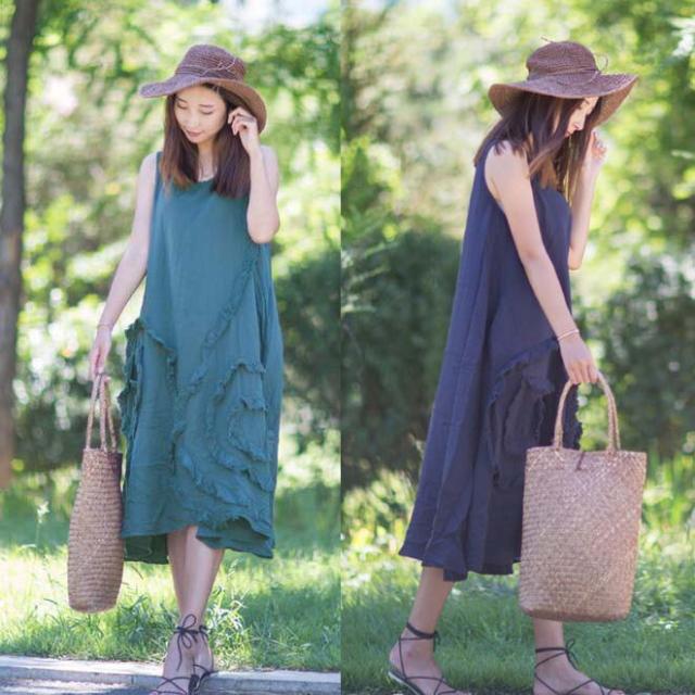 麻綿リネンコットンミモレ丈ワンピース予約フリル柄ゆったりナチュラルロングワンピースベージュグリーンコンオレンジブルー U30の通販はau Pay マーケット アニバーサリースタイル