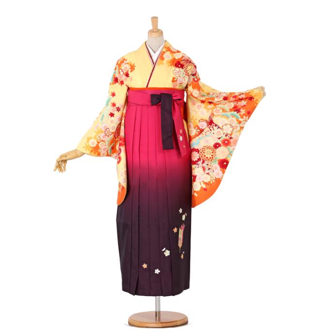 往復送料無料 全部揃って安心 大学 高校 小学生  2泊3日 卒業式袴 レンタル セット an・an 黄色地 No.055-0034