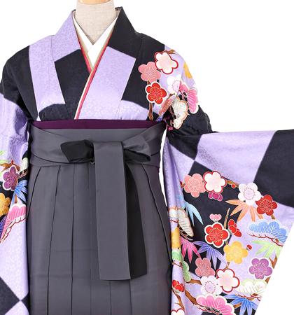 往復送料無料 全部揃って安心 大学 高校 小学生  2泊3日 卒業式袴 レンタル セット 紫 黒地 No.055-0086