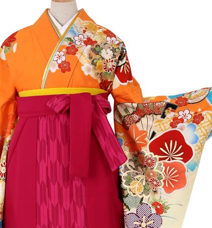 往復送料無料 全部揃って安心 大学 高校 小学生  2泊3日 卒業式袴 レンタル セット オレンジ地 No.055-0016