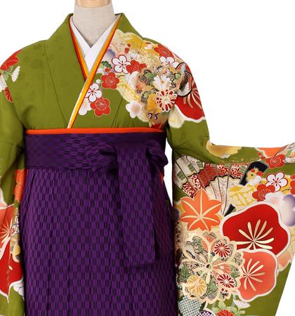 往復送料無料 全部揃って安心 大学 高校 小学生  2泊3日 卒業式袴 レンタル セット 鶯色地 No.055-0020