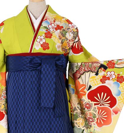 往復送料無料 全部揃って安心 大学 高校 小学生  2泊3日 卒業式袴 レンタル セット 黄緑地 No.055-0021