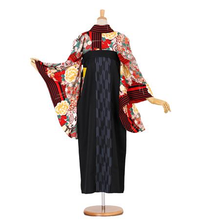 往復送料無料 全部揃って安心 大学 高校 小学生  2泊3日 卒業式袴 レンタル セット SPIRALGIRLブランド 黒地 No.055-0054