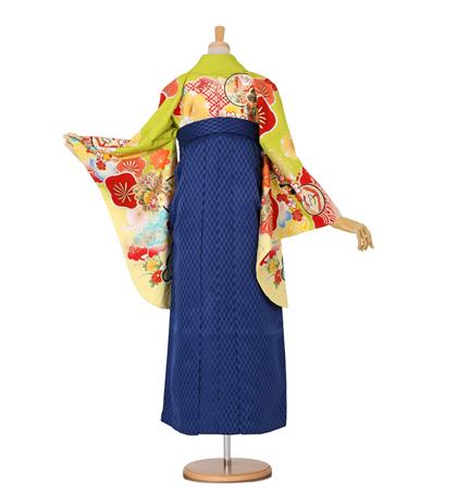 往復送料無料 全部揃って安心 大学 高校 小学生  2泊3日 卒業式袴 レンタル セット 黄緑地 No.055-0021