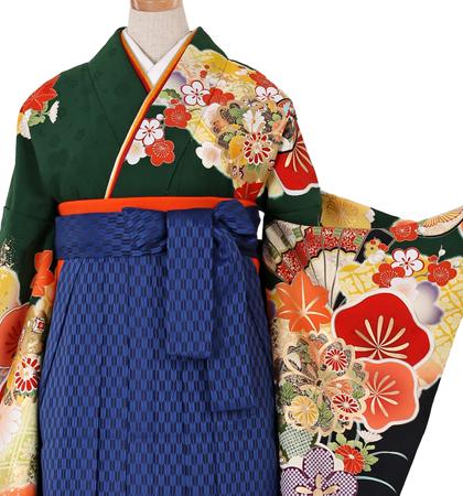 往復送料無料 全部揃って安心 大学 高校 小学生  2泊3日 卒業式袴 レンタル セット 濃い緑地 No.055-0015