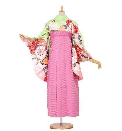 往復送料無料 全部揃って安心 大学 高校 小学生  2泊3日 卒業式袴 レンタル セット 黄緑地 No.055-0070