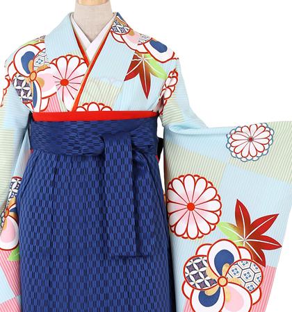 往復送料無料 全部揃って安心 大学 高校 小学生  2泊3日 卒業式袴 レンタル セット 水色地 No.055-0057