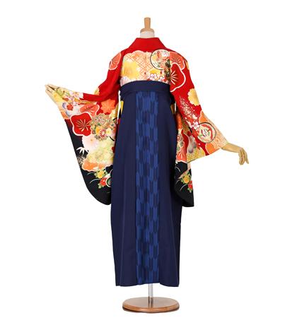 往復送料無料 全部揃って安心 大学 高校 小学生  2泊3日 卒業式袴 レンタル セット 赤地 No.055-0018