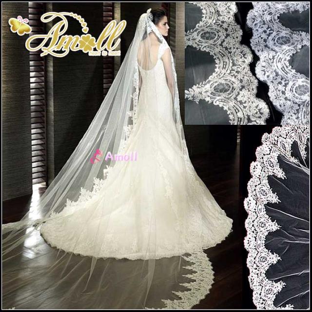 【即納】【送料無料】超高級一段刺繍レース縁取りロングベール・フェイスアップ・ウェディングベール【オフホワイト】【ホワイト】5ｍ