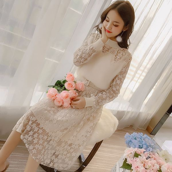 ボトルネック ニット レース ベルト付きワンピース ミディアム丈 レーススカートの通販はau Pay マーケット Amaryl