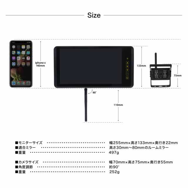 バックカメラ ワイヤレス 12v 24v 9インチ ミラーモニター セット 赤外線 1年保証付 防水 437の通販はau Pay マーケット Ggbank