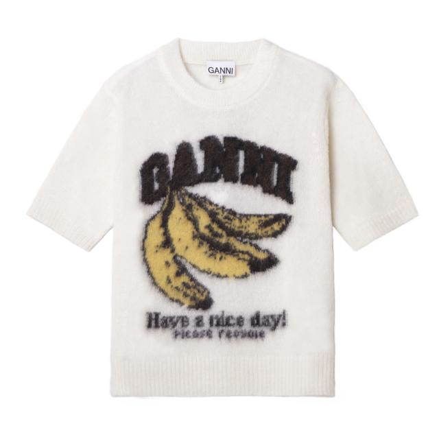 ガニー GANNI クルーネック半袖ニット レディース BRUSHED ALPACA GRAPHIC T-SHIRT 半袖ニット バナナ ロゴ アルパカ混ニット・セーター
