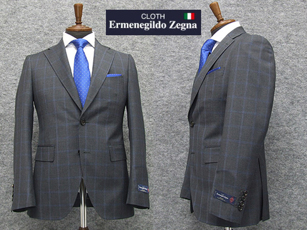 春夏物　濃グレー大格子　[Ermenegildo Zegna] ゼニア TROPICAL使用 グレー チェック　トレンドスタイル2釦スーツ　[YA体][A体]　EZD56
