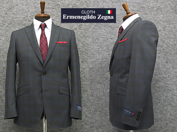 春夏物　霜降りグレー格子　[Ermenegildo Zegna] ゼニア COOL EFFECT使用　スタイリッシュ2釦スーツ　[YA体][A体]　EZS75　ロゴ入り裏地